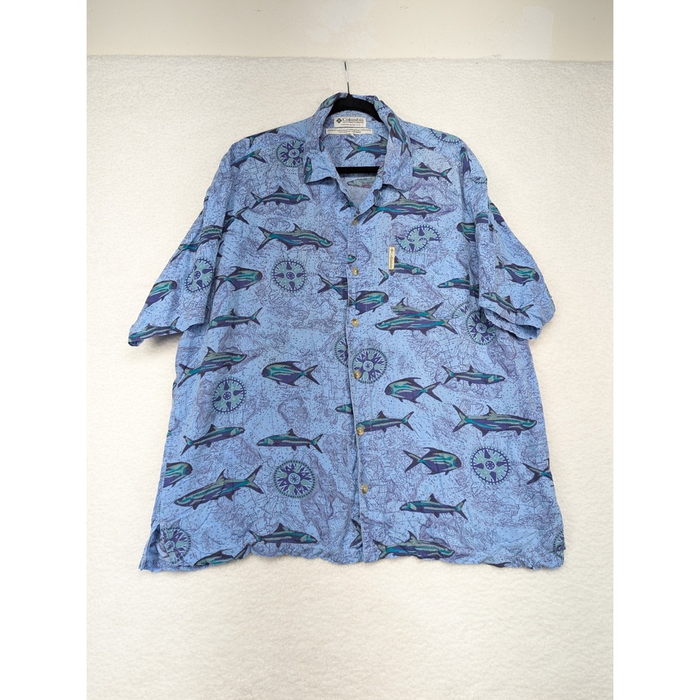 Columbia Sportswear Mens Button Up Shirt Blue Fish Compass Rayon‎ L